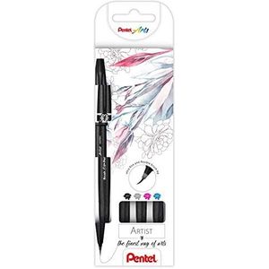Pentel SESF30C-4 Brush Sign Pen Artist - penseelstift met extra fijne penseelpunt, set van 4, gesorteerd, zwart, grijs, roze, lichtblauw