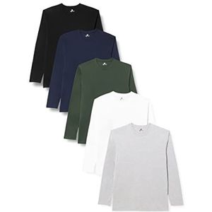 Lower East Heren Shirt met lange mouwen en ronde hals, gemaakt van 100% katoen, Wit/zwart/grijs/blauw/groen, set van 5, 3XL