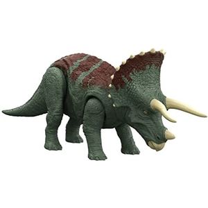 Jurassic World: Dominion Brullende Roofdieren Triceratops Plantenetende Actiefiguur, met brullend geluid, kopstoot, beweegbare gewrichten, fysiek en digitaal speelplezier, vanaf 4 jaar