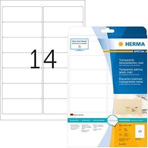 HERMA 8671 weerbest adreslabels A4 transparant (99,1 x 38,1 mm, 25 velles, polyesterfolie, mat) zelfklevend, bedrukbaar, permanente zelfklevende etiketten, 350 etiketten voor printer