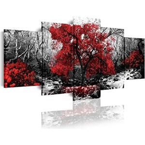 DekoArte 267 - Moderne afbeelding, gedigitaliseerde kunstdruk | Decoratieve afbeelding voor de salon of de slaapkamer | Stijl natuur zwart wit met rode bomen | 5 delen 200 x 100 cm XXL