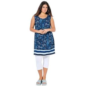 Ulla Popken Jersey mini-jurk voor dames, bloemen, A-lijn, ronde hals, mouwloos, swingjurk met print, marineblauw, 46-48