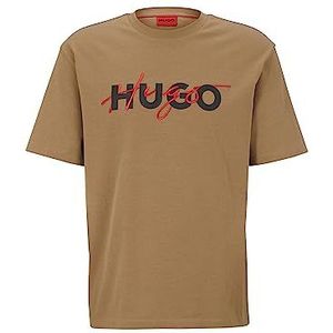 HUGO Dakaishi T-shirt voor heren van katoen-jersey met dubbele logo-print, Open Brown242, XS