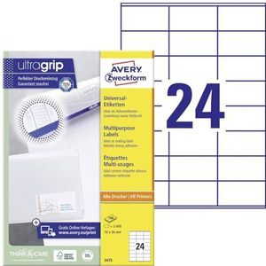 Avery Zweckform 3475 Adresstickers (2.400 Zelfklevende Etiketten, 70 x 36 mm Op A4, Papier Mat, Bedrukbare Afzenderetiketten, Zelfklevende Adreslabels Met Ultragrip) 100 Vellen, Wit