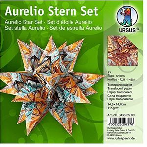 Ursus Aurelio Star Art, 34365500, vouwblaadjes, kleurrijk, 33 vellen, van transparant papier 115 g/m², ca. 14,8 x 14,8 cm, aan beide zijden bedrukt, ideaal als kerstdecoratie