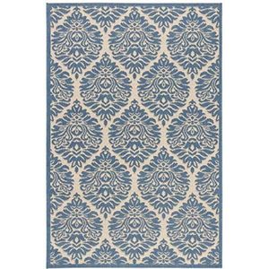 SAFAVIEH Damast tapijt voor binnen en buiten - Beachhouse Collection, laagpolig, in crème en blauw, 122 x 183 cm