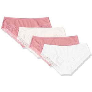 Amazon Essentials Hipsterbroekje voor dames, katoen en kant, verpakking van 4 stuks, helder wit/lichtroze/mauve, 8 stuks