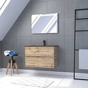 Badkamerkast met lade, wastafel, spiegel, LED, 80 cm × 54 cm, eiken naturel
