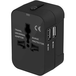 Universele reisadapter, internationale adapter, met twee USB-poorten, voor Japan, China, Canada, VS, UK, AU, meer dan 15 landen, voor Kerstmis (zwart)