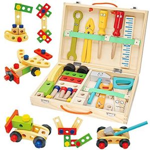 Withosent Gereedschapskoffer voor kinderen, 34 stuks houten gereedschap, doe-het-zelf-auto's, kinderspeelgoed vanaf 3 jaar, uniseks