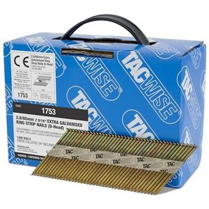TACWISE 1753 Extra verzinkte framingsnagels 2,8/65 mm, D-kop, ringschacht, 34° hellend, papier gebundeld, 1600 stuks, zilver