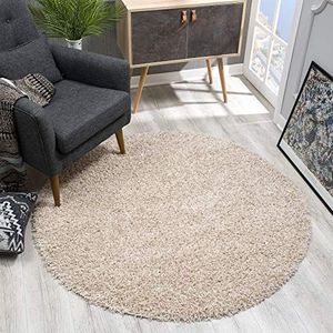 SANAT Vloerkleed rond - Beige hoogpolig, langpolig modern tapijt voor de woonkamer, slaapkamer, eetkamer of kinderkamer, grootte: 150x150 cm