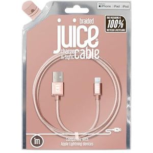 Juice Apple Lightning-kabel 1 m gevlochten roségoud, iPhone 14, Max, Pro, Plus, iPhone 13, Max, Pro en Mini, iPhone 12, Max, Pro en Mini, iPhone 11, Pro, X, Xr, iPhone 8, 7, 6, SE, 5, iPad,