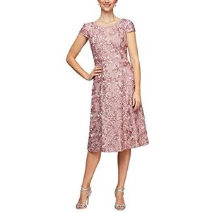 Alex Evenings Women's Tea Length Cap Sleeve Rosette Dress (Petite and Regular), Rose, 16