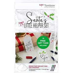 Tombow Kerstman kleine helper set - Inclusief 3 x Fudenosuke Penseelpennen, 10 x cadeaulabels en 1 x gids