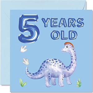 5e verjaardagskaart - dinosaurus & ballonnen - Happy Birthday Card 5 jaar oude jongen, jongens verjaardagskaarten voor hem, 145 mm x 145 mm wenskaart voor zoon neef kleinzoon kind kinderen