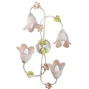 ONLI plafondlamp 4 lampen in wit metaal en goud versierd met groene bladeren en roze bloemen
