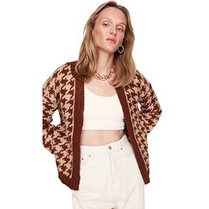 Trendyol Dames V-hals Houndstooth patroon Regular Cardigan Sweater, bruin, L, BRON, L