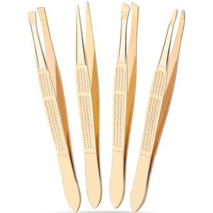 Alyvisun 4 Stuks Draagbaar Pincet voor Wenkbrauwen, Roestvrij Staal Set van Professioneel Pincetten, Textured Anti-Slip Ontwerp, Geschikt voor Ingegroeid Haar voor Mannen en Vrouwen (Gouden)