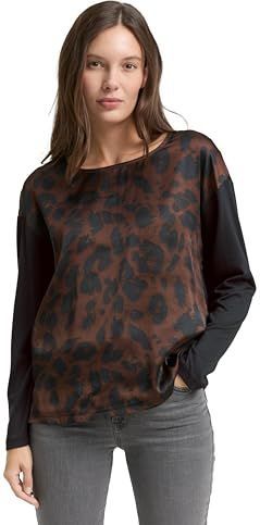 TOM TAILOR T-shirt met lange mouwen voor dames, 39039 - Brown Black Big Leo Print, XL