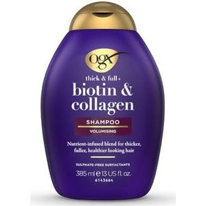 OGX Biotine & Collagen Shampoo (385 ml), shampoo met biotine, collageen en gehydrolyseerde tarweproteïne, zonder sulfaten of parabenen, volumizer en texturizer voor haar (verpakking kan variëren)