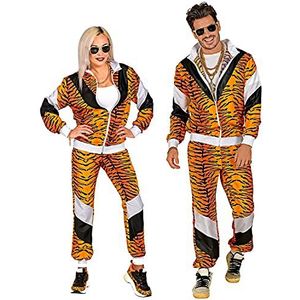 Widmann - kostuum jaren '80 trainingspak tijger, licht op onder uv-licht, jas en broek, dierenprint, feestdier, joggingpak, retro stijl, bad-knopparty, carnaval