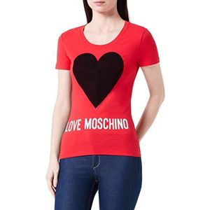Love Moschino Dames Tight-fit korte mouwen Maxi Heart met geborduurde Flock pailletten en Institutional Logo Water Print T-shirt, rood, 48