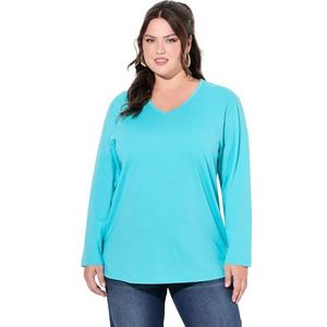 Ulla Popken Dames grote maten plus size shirt, V-hals, relaxed, lange mouwen, Diep aqua, 46-48