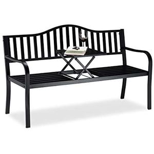 Relaxdays tuinbank met klaptafel, 3-zits, geïntegreerd tafelblad, weerbestendig, HxBxD 90 x 150 x 57,5 cm, zwart