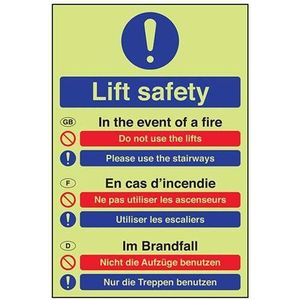 VSafety Glow In The Dark Multi-Lingual Fire Action Lift veiligheidsteken - 150mm x 200mm - Zelfklevend Vinyl