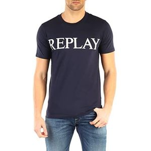 Replay Heren T-shirt korte mouwen met logo print, 085 Blauw, XL