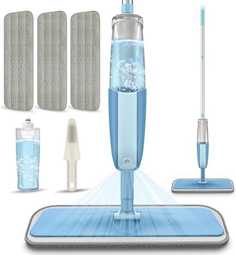 De microvezel vloerdweil van MEXERRIS voor het reinigen van vloeren, wordt geleverd met spray, geschikt voor vloeren van hardhout, tegels, laminaat, vlakmop met 3 herbruikbare microvezel pads en 1