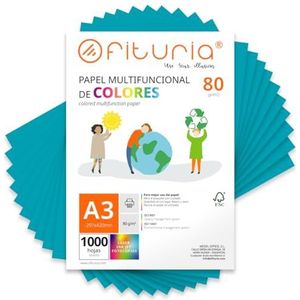 Kleurpapier, verpakking met 1000 vellen A3, 80 g, kleurrijk papier voor knutselwerk, printer, scrapbooking – ideaal origami, Papyroflexia, kantoor en school (turquoise, 1000 h)