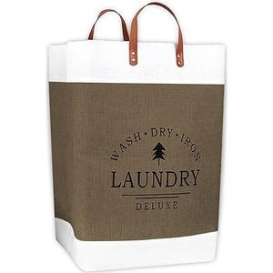 IPEA Laundry Elegante en opvouwbare wasmand, 55 cm x 33 cm, waszak van stof met handgrepen van leer, voor kleding, voorwerpen of vuile was, bruin
