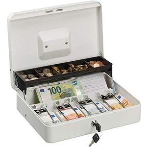 Relaxdays geldkistje met slot, bakje voor munten & briefgeld, geldkluisje ijzer H x B x D 8,5 x 30,5 x 24,5 cm, wit