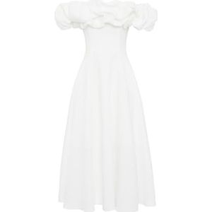 Swing Fashion Witte uitlopende midi-jurk met Spaanse halslijn en ruches versiering Grace | maat 36, wit, 36