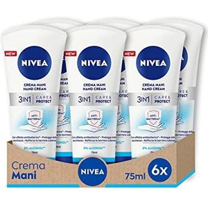 Nivea Handcrème 3-in-1 Care & Protect met antibacteriële werking, 6 x 75 ml, hydraterende en hydraterende handcrème, antibacteriële crème met jojoba-olie