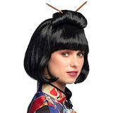 Boland 86417 - Pruik Chinese vrouw voor volwassenen, zwart synthetisch haar in een knot met stokjes, accessoire voor carnaval en themafeest