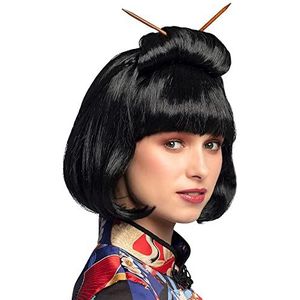Boland 86417 - Pruik Chinese vrouw voor volwassenen, zwart synthetisch haar in een knot met stokjes, accessoire voor carnaval en themafeest