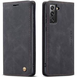 QLTYPRI Hoesje voor Samsung Galaxy S21 FE, Magnetische PU-lederen Portemonnee Case met Kaarthouder Kijkstandaard Beschermend Schokbestendige Folio Hoesje - Zwart