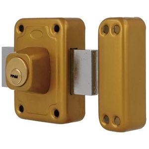 Amig - Overslagslot met hefboomsluiting voor houten deuren, mod. 81 | 96 x 66 mm | grendel met dubbelzijdige veiligheids-binnencilinder | geëmailleerd staal goud