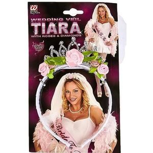 Widmann 07063 Tiara met bruidssluier met rozen en diamanten, hoofdtooi, haarbanden, vrijgezellenfeest, accessoire, kostuumaccessoires, themafeest carnaval