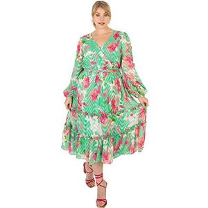Lovedrobe Dames Plus Size dames lange mouw maxi-jurk abstracte print bisschop rug gat v-hals faux wrap stropdas riem, Groen, 42
