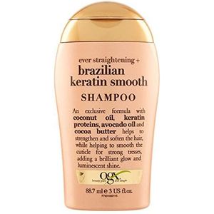 OGX Braziliaanse keratine Smooth Shampoo (88.7 ml), gladmakende haarverzorgingsshampoo met Braziliaanse kokosolie, avocado-olie, kokosnootboter en keratine-eiwitten, sulfaatvrij