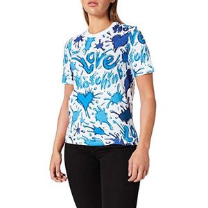 Love Moschino Dames Regular-fit T-shirt met korte mouwen in Allover Hearts en Splash Logo Print, Alles.splash Azzu, 72 NL