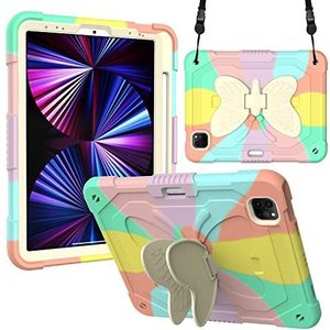 Hoesje voor iPad Air 5/4 (2022/2020 5e/4e generatie 10,9-inch), full-body beschermende iPad 10,9 inch hoes met vlinderbeugel en schouderriem - kleurrijk roze
