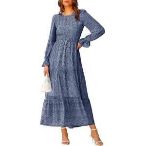 BTFBM Women Casual Long Sleeve Crew Neck Fall Dress Bohemian Relaxed Fit Floral Flowy Maxi Dresses Tiered Cocktail Dress(Floral Dark Blue,Small)
