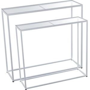 DRW Set van 2 tafels van metaal en glas in wit en transparant, 90 x 28 x 80 en 85 x 24 x 75 cm