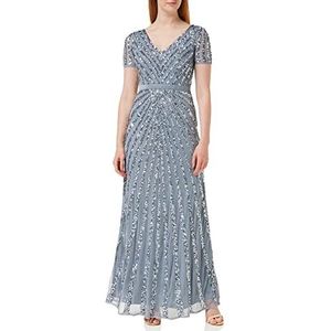 Maya Deluxe Maxi-damesjurk met pailletten, lange mouwen, V-hals, hoge taille, A-cut, glanzende galajurk, bruiloft, bruidsmeisjesjurk, Dusty Blue., 44