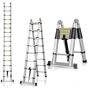 Telescoopladder van aluminium, 5 m telescopische ladder, 16 treden, maximale belasting 150 kg